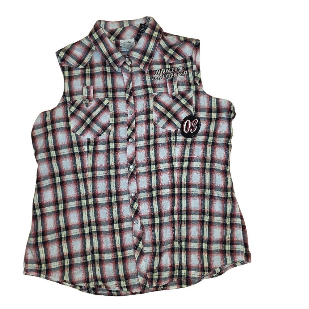 Harley Davidson Pearl Snap Sleeveless Shirt Sz L Back Patch Logo Plaid Moto Vest